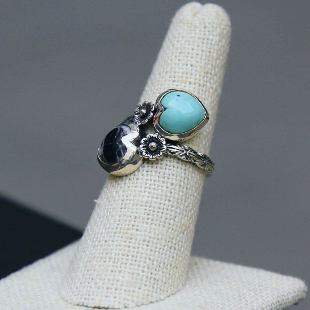 Artisan ✦ Tahoe Nevada Turquoise & White Buffalo Heart Ring ✦ 925 Bypass Size 7 - Picture 5 of 12